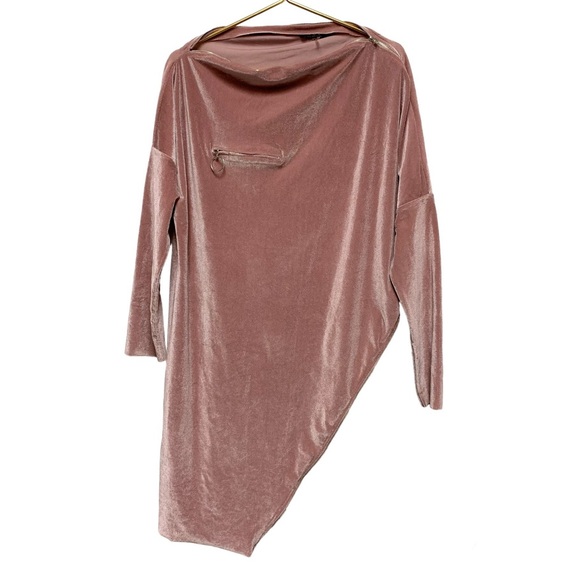 TOV Zipper Tunic Top Size‎ 40 Medium Pink Velvet Asymmetrical Hem Long Sleeve - Picture 3 of 13